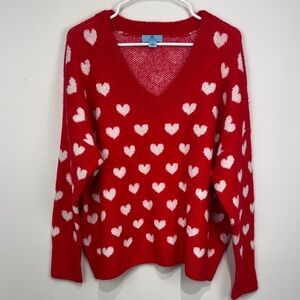 CeCe Red V-Neck Sweater with Heart Pattern. Size Large